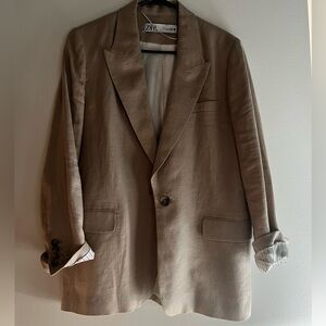 Women’s Neutral Blazer- Zara Size L, Striped Accent in Sleeves